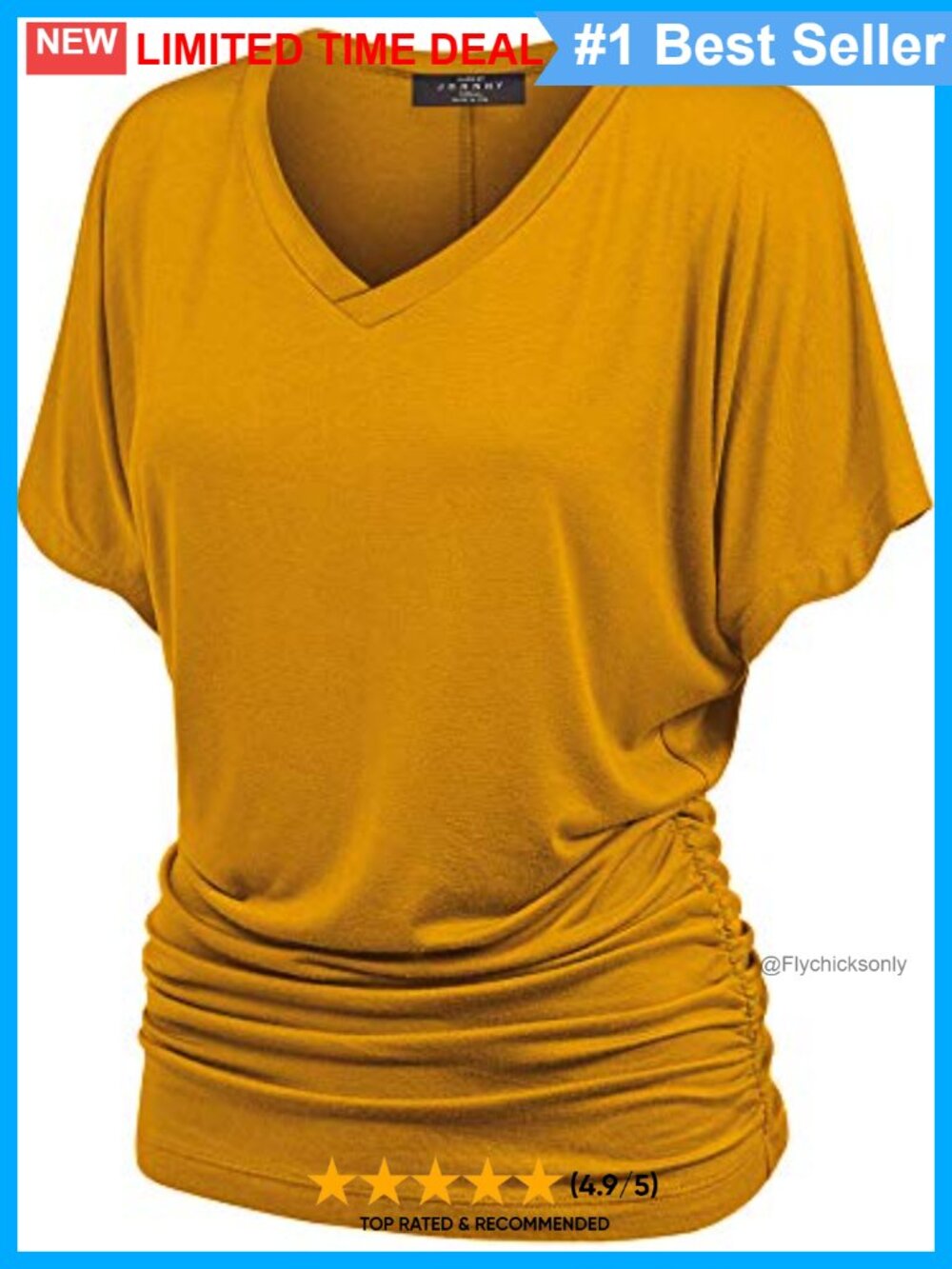 Women's V-Neck Dolman Sleeve Top with Side Shirring Short Sleeve Casual Tee